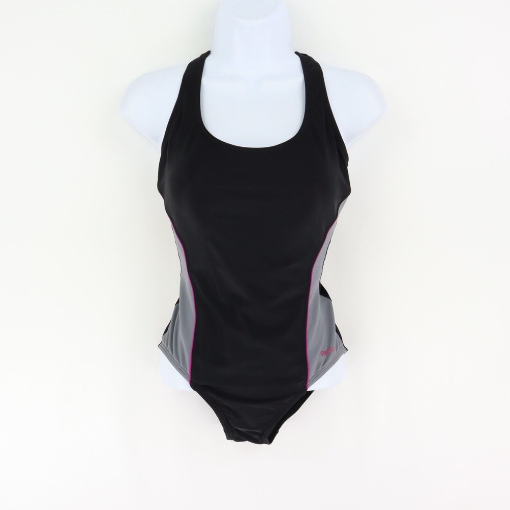 Reebok One Piece Swimsuit Womens Size 4 Black Gray Pink Highlights Slimming